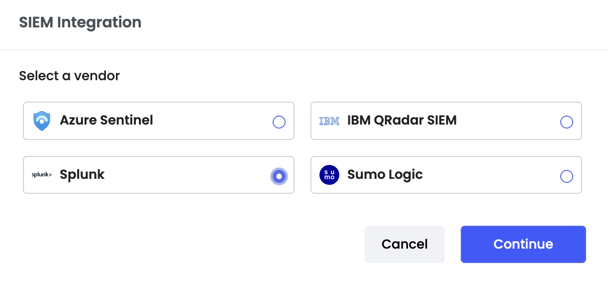 Select Splunk and Continue
